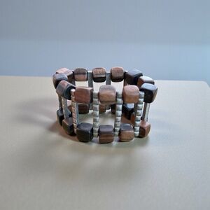 Wide stretchy Bracelet Cubed wood beads and silver tone trim